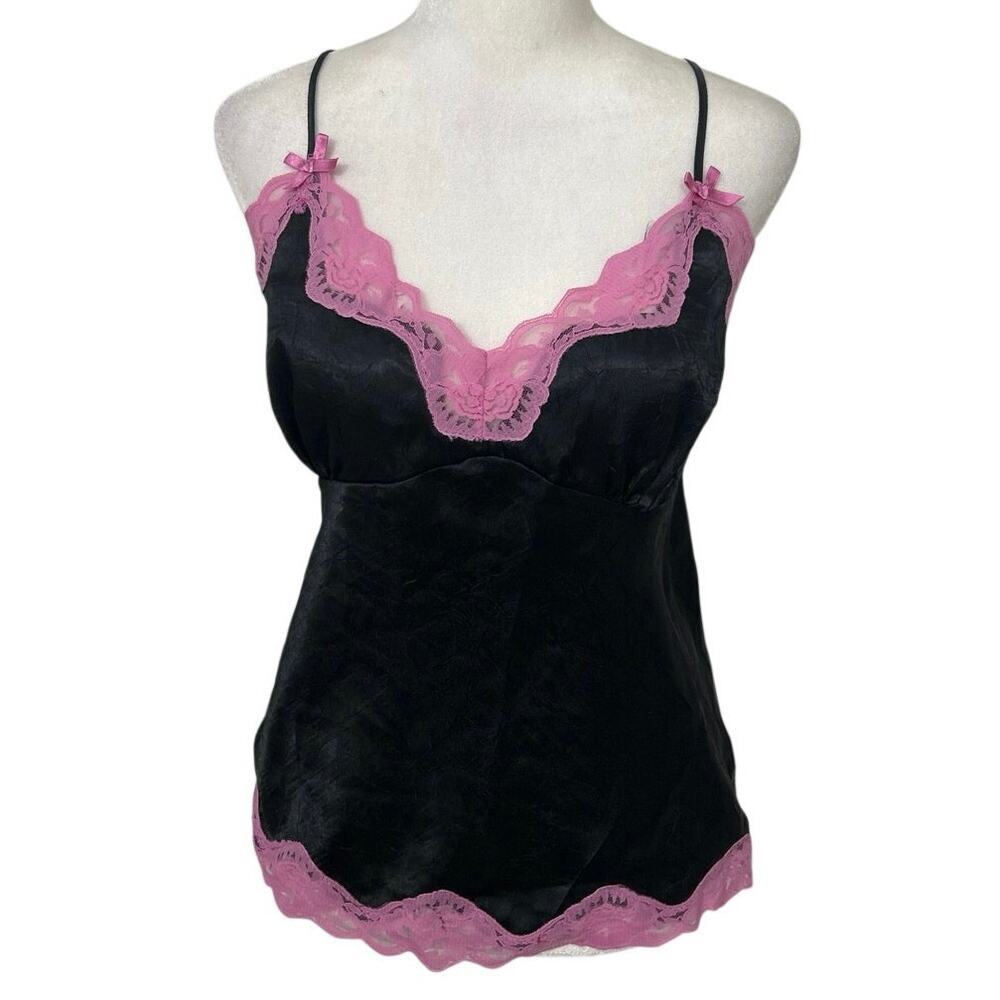 Vintage Candie’s Y2K Babydoll Coquette Indie Black Pink Lace Satin Cami Top L